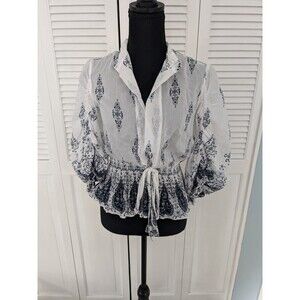 Forever Top Women's Sz M Boho Blouse Peplum Blue White Paisley Vneck Shirred Slv